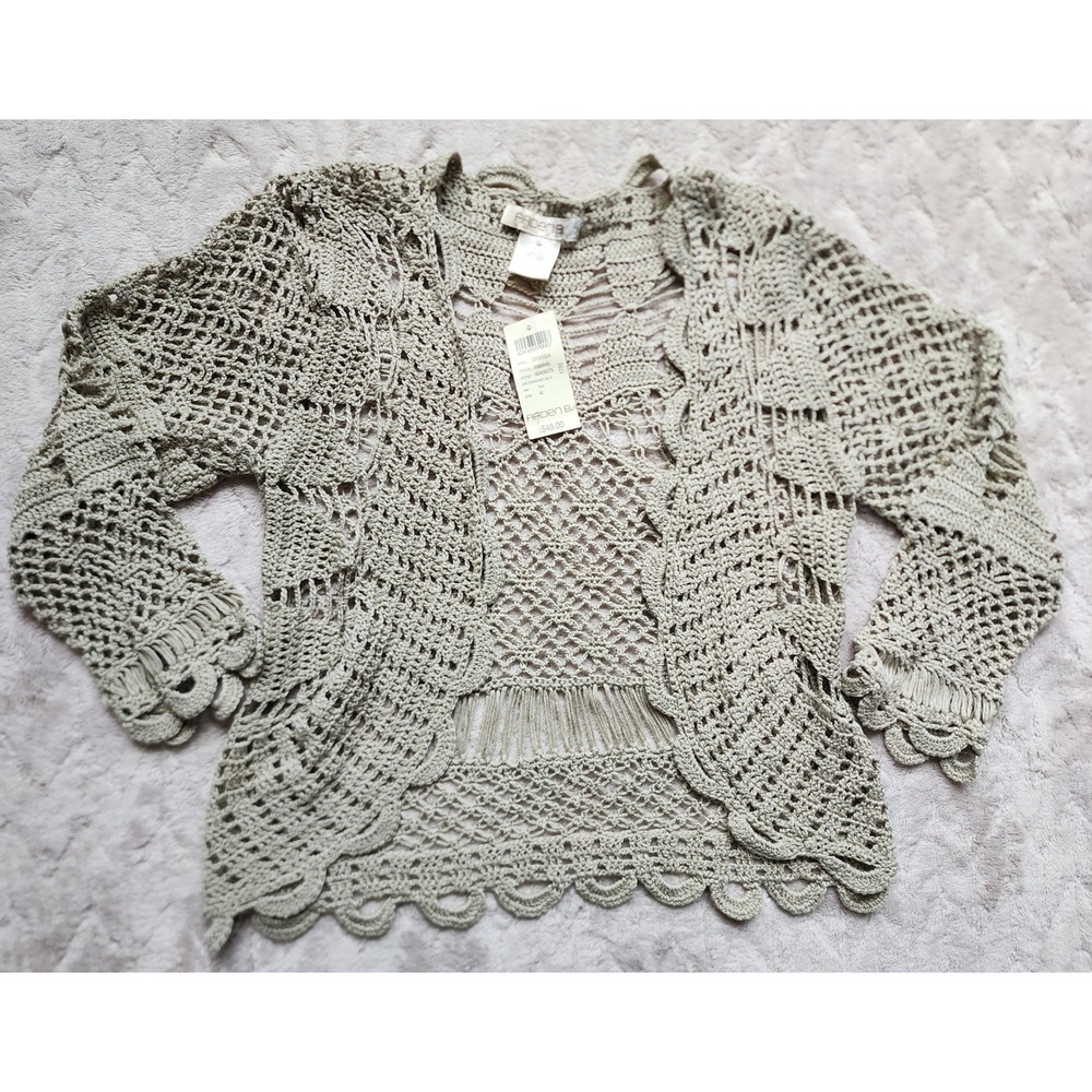 Arden B Tan Crochet Open Knit Cardigan Scalloped Fringe Boho Shrug NWT Medium